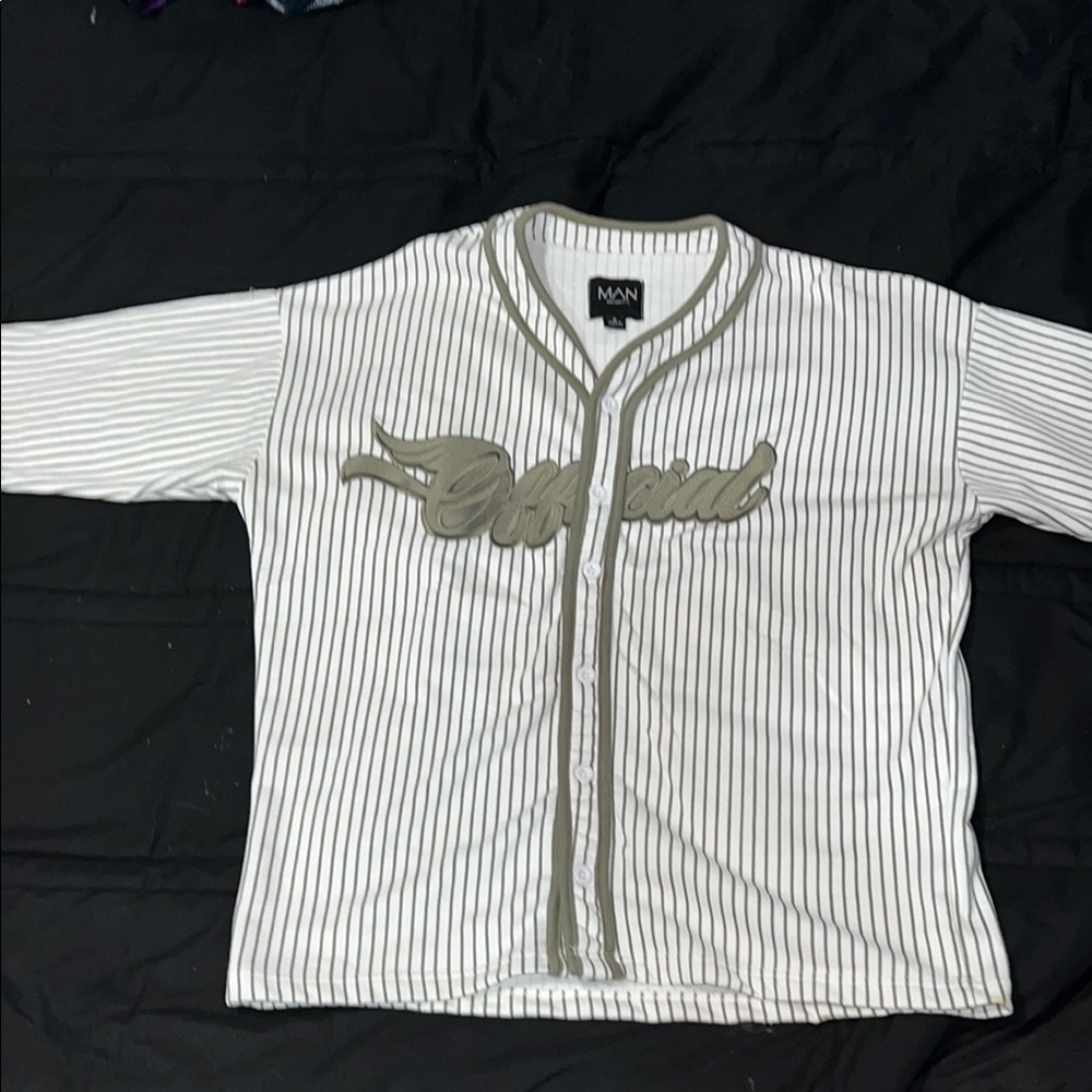 White and Olive Striped Baseball Jersey
